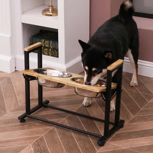 A dog is eating from a dual elevated pet feeder with stainless steel bowls on a wooden and metal stand.