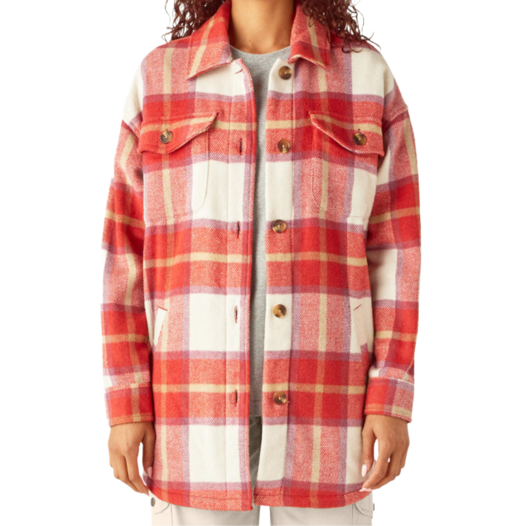A red and white plaid shacket with a button-up front, two chest pockets with flaps, and a classic collar.