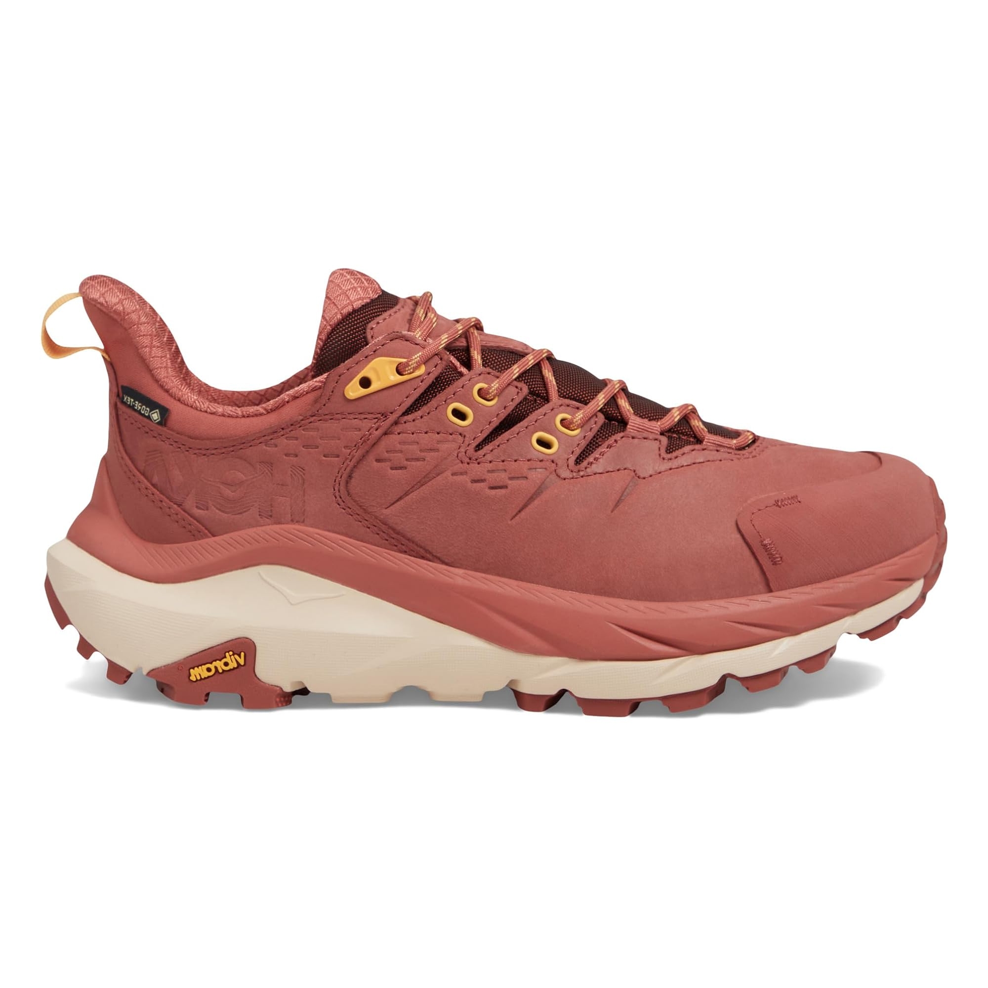 A single red HOKA hiking shoe with yellow lace eyelets and a chunky sole.