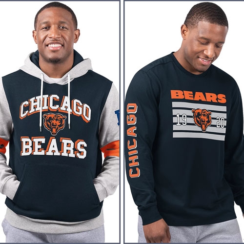 Two Chicago Bears-themed items: a hoodie with a front logo and \“Chicago Bears\“ text, and a black long-sleeve tee featuring a side stripe and a bear logo with years.