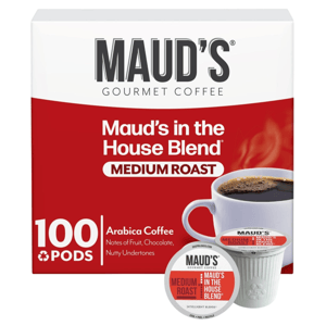 Maud's Gourmet Coffee, \“In the House Blend,\“ is a medium roast Arabica coffee with notes of fruit, chocolate, and nutty undertones. The package contains 100 single-serve pods.
