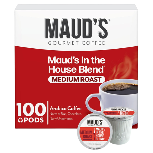 Maud's Gourmet Coffee, \“In the House Blend,\“ is a medium roast Arabica coffee with notes of fruit, chocolate, and nutty undertones. The package contains 100 single-serve pods.