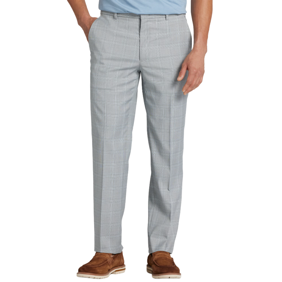 Light gray plaid dress pants worn with brown shoes and a light blue shirt.