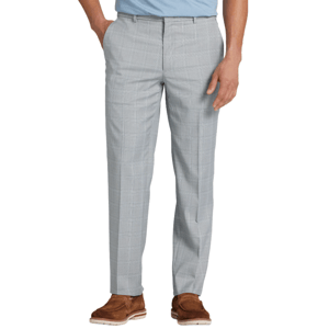 Light gray plaid dress pants worn with brown shoes and a light blue shirt.