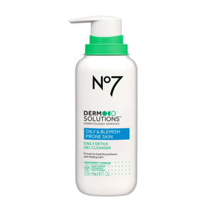 No7 Derm Solutions Daily Detox Gel Cleanser is designed for oily and blemish-prone skin, featuring adaptogens, ceramides, and niacinamide. Dermatologist approved, it hydrates and leaves the skin feeling calm. 236 ml (8 fl. oz).