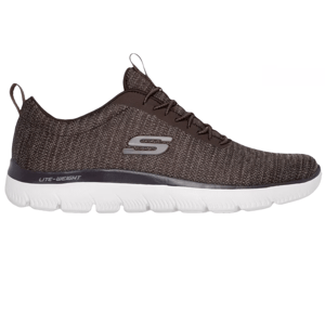 Dark brown Skechers Summits Sorenz Sneakers with a lightweight, knit fabric upper, lace-up design, white sole, and Skechers logo on the side.