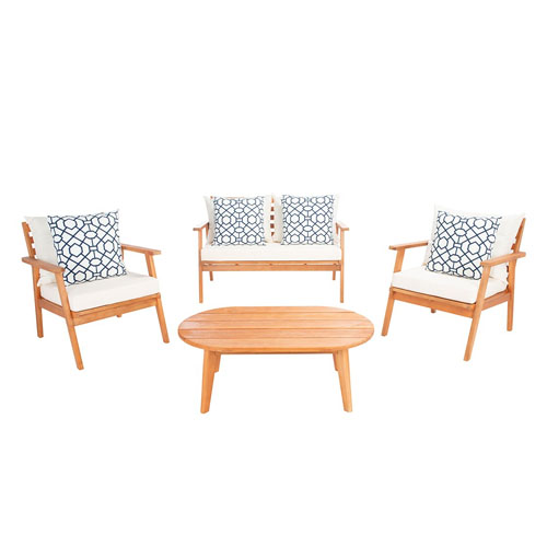 A wooden outdoor furniture set featuring two armchairs, a loveseat with blue patterned cushions, and an oval coffee table.