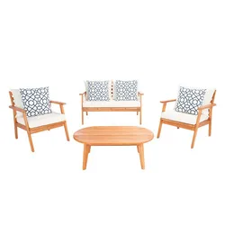 A wooden outdoor furniture set featuring two armchairs, a loveseat with blue patterned cushions, and an oval coffee table.