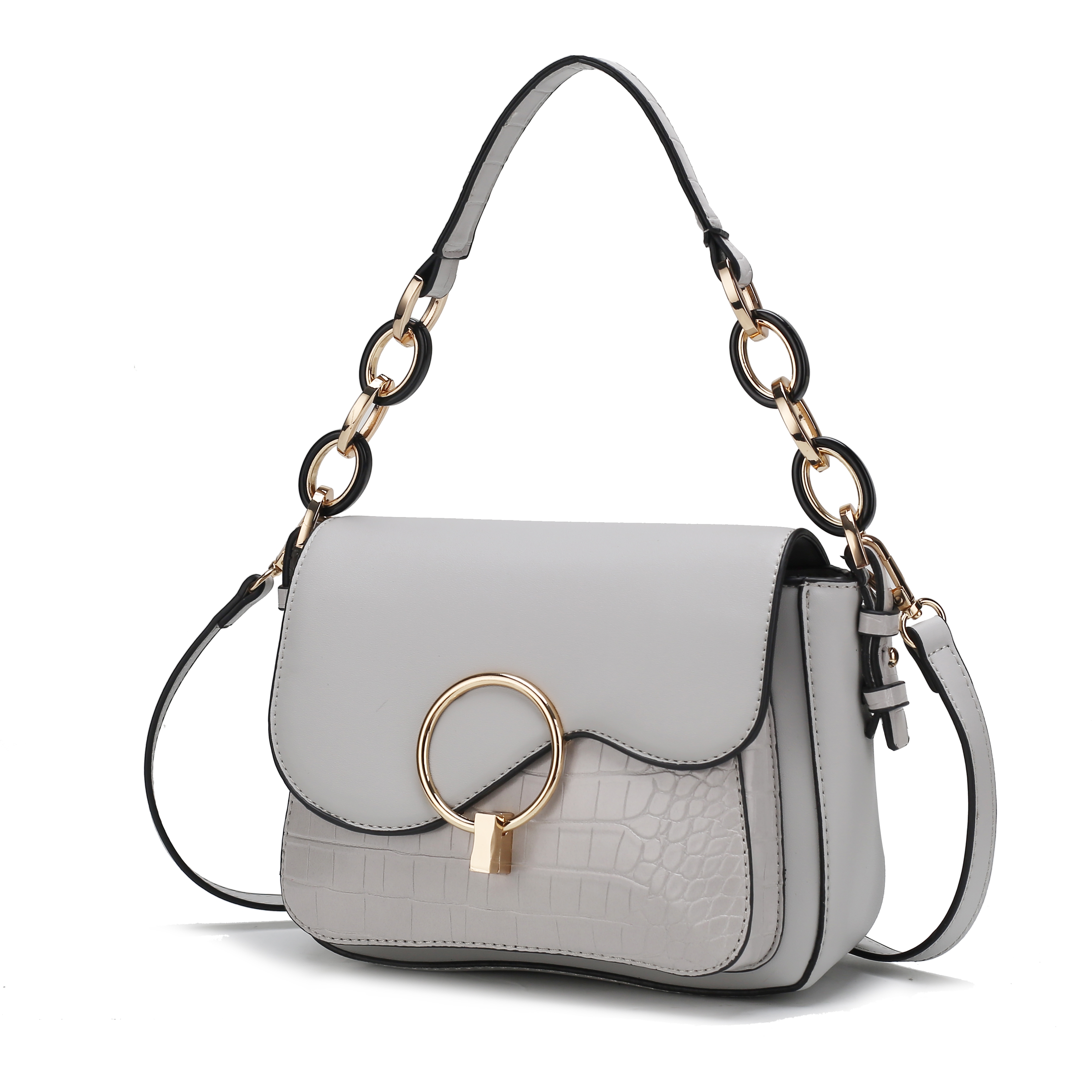 A gray handbag with a gold ring accent and a black-and-gold chain strap, featuring a crocodile texture on the lower half.