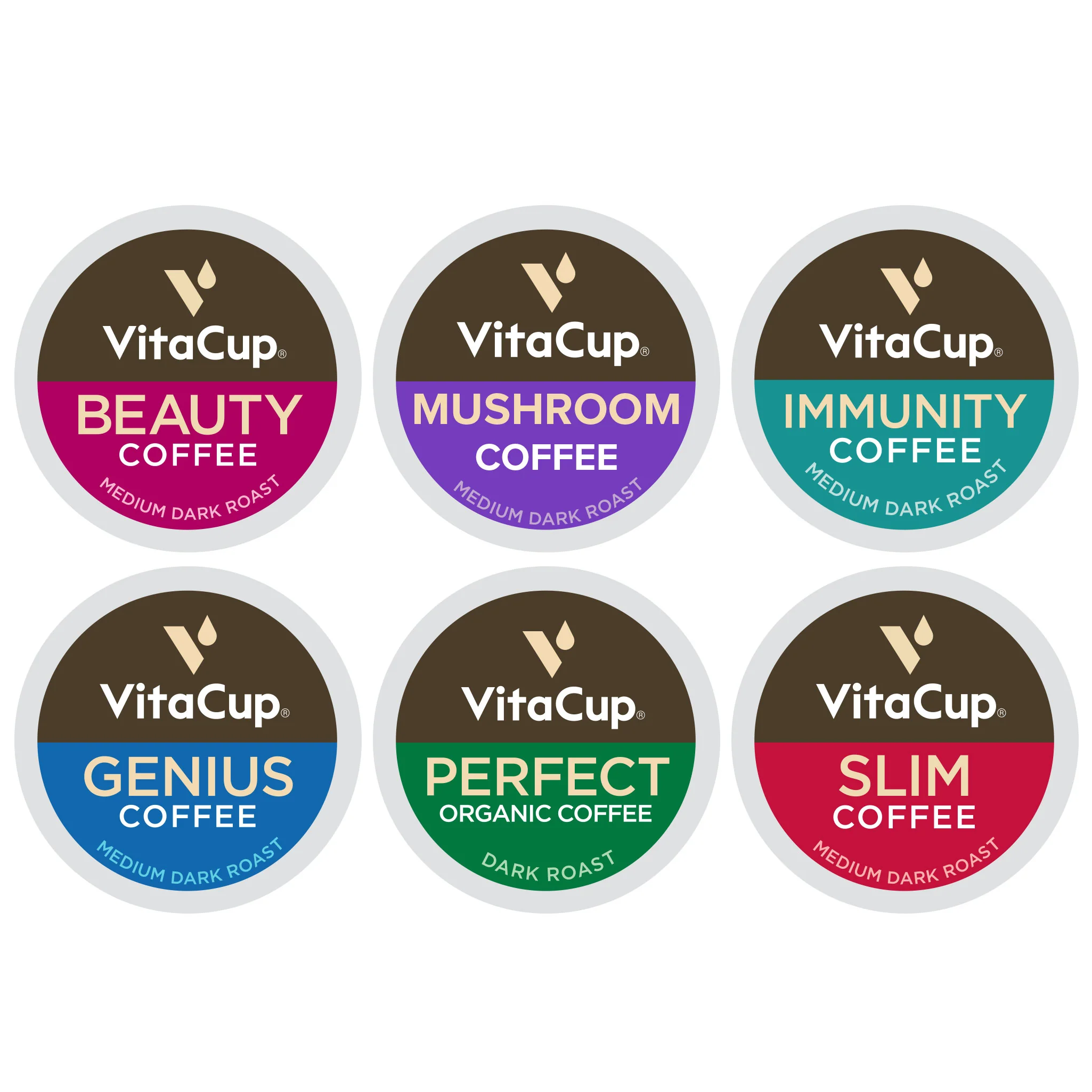 Six VitaCup coffee pods in various blends: Beauty, Mushroom, Immunity, Genius, Perfect Organic, and Slim. Flavors include medium dark and dark roast.
