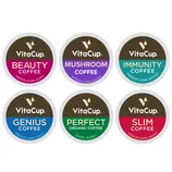 Six VitaCup coffee pods in various blends: Beauty, Mushroom, Immunity, Genius, Perfect Organic, and Slim. Flavors include medium dark and dark roast.