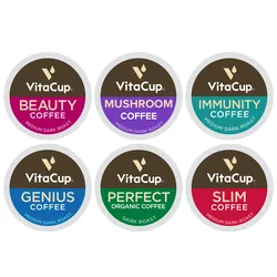 Six VitaCup coffee pods in various blends: Beauty, Mushroom, Immunity, Genius, Perfect Organic, and Slim. Flavors include medium dark and dark roast.