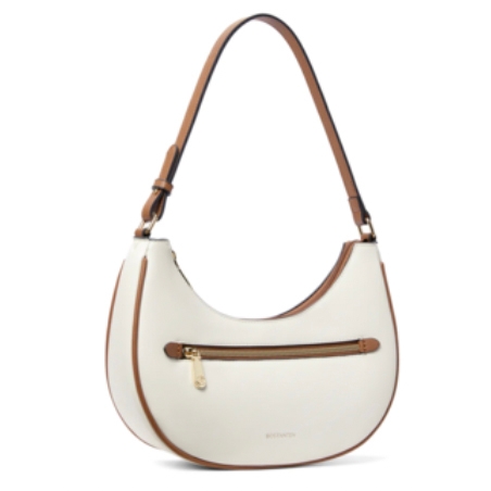 Elegant crescent-shaped shoulder bag with a cream body, brown accents, and an adjustable strap. Features a front zip pocket with a gold-tone zipper and a small logo near the bottom.