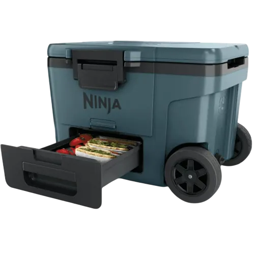 A wheeled cooler labeled \“Ninja\“ with a front drawer partially open, showing food storage space.