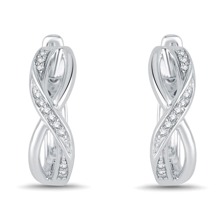 Silver hoop earrings with a twisted design, featuring embedded small, round diamonds.