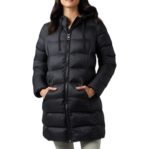 A black 32 Degrees 3/4 puffer coat featuring a quilted design, hood with drawstrings, front zipper closure, and two zippered hand pockets. It's designed for warmth and comfort.