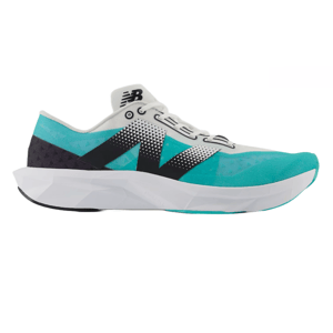 New Balance Men's FuelCell Shoes feature a sleek design with a turquoise and black color scheme, lightweight mesh upper, and a cushioned white midsole for enhanced comfort and performance.