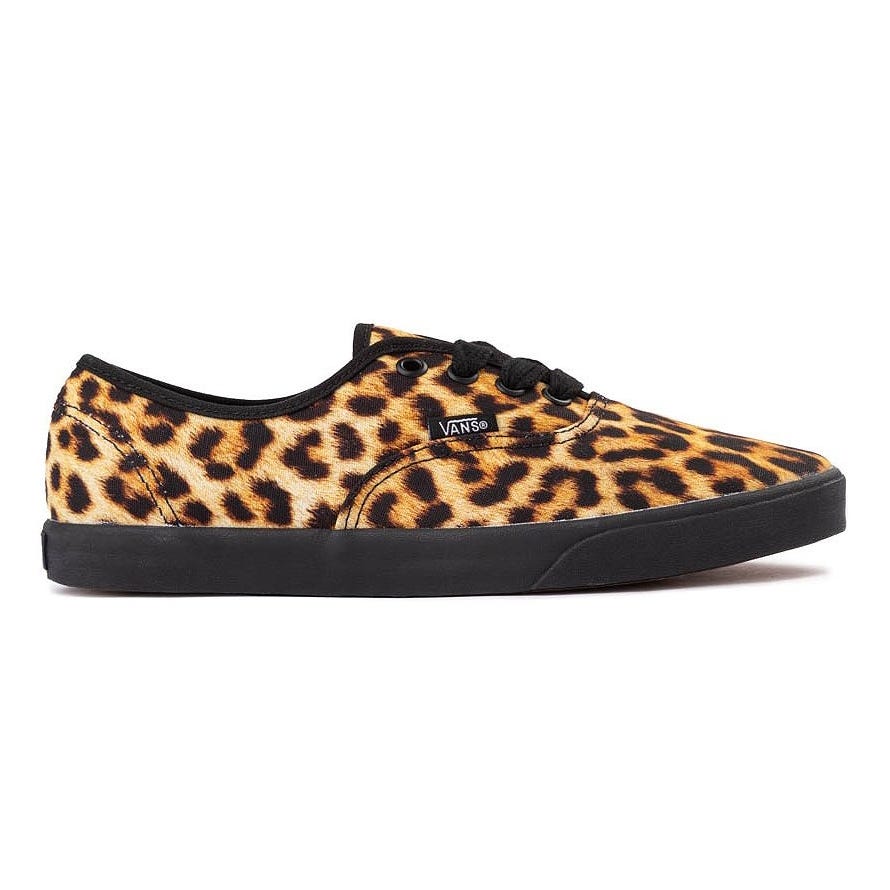 A Vans sneaker with a leopard print pattern features black laces and a black sole.