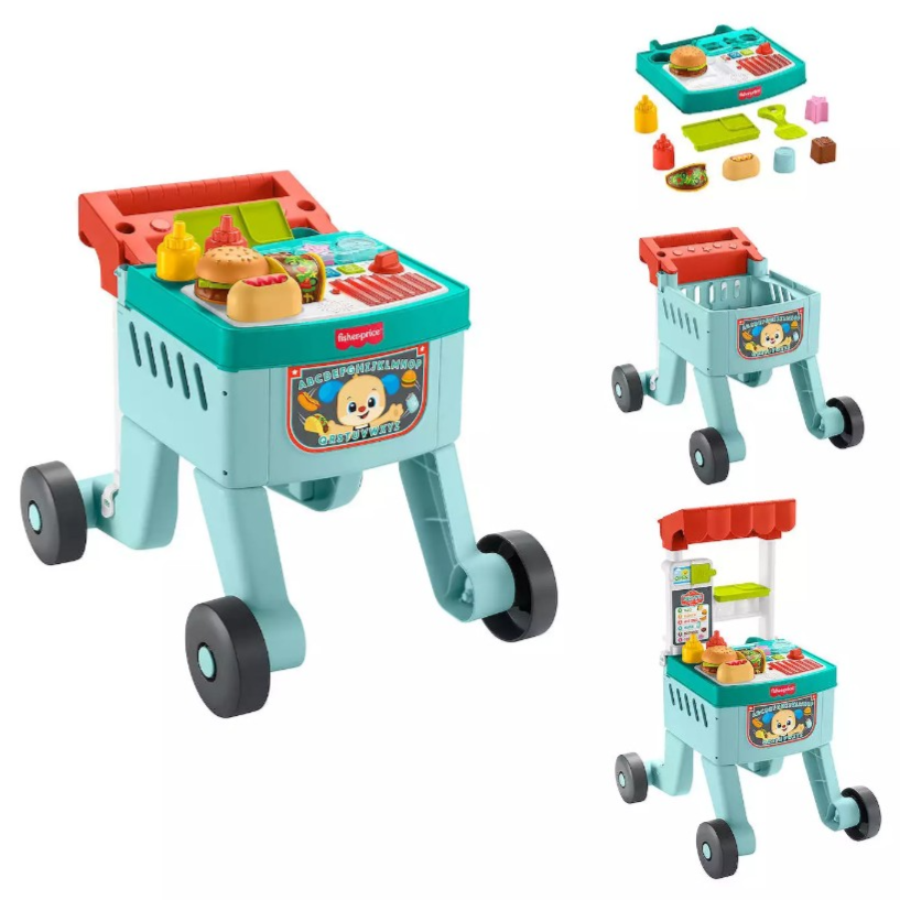 Toy shopping cart with pretend food items, including a burger and condiment bottles, featuring a playful design with wheels and a removable tray.