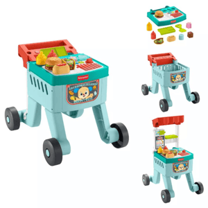 Toy shopping cart with pretend food items, including a burger and condiment bottles, featuring a playful design with wheels and a removable tray.