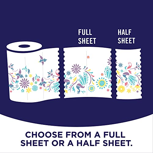 Three paper towel rolls are displayed showing that sheets can be torn off as full or half sizes, with a colorful floral and leaf design.