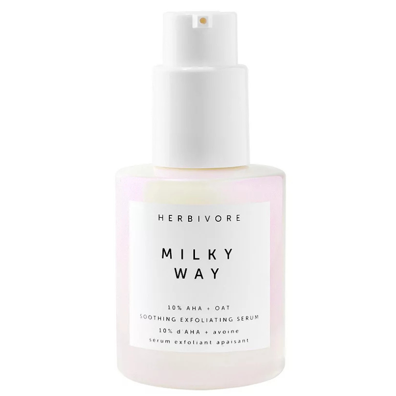 Herbivore Milky Way is a soothing exfoliating serum containing 10% AHA and oat, designed to gently exfoliate and soothe the skin.