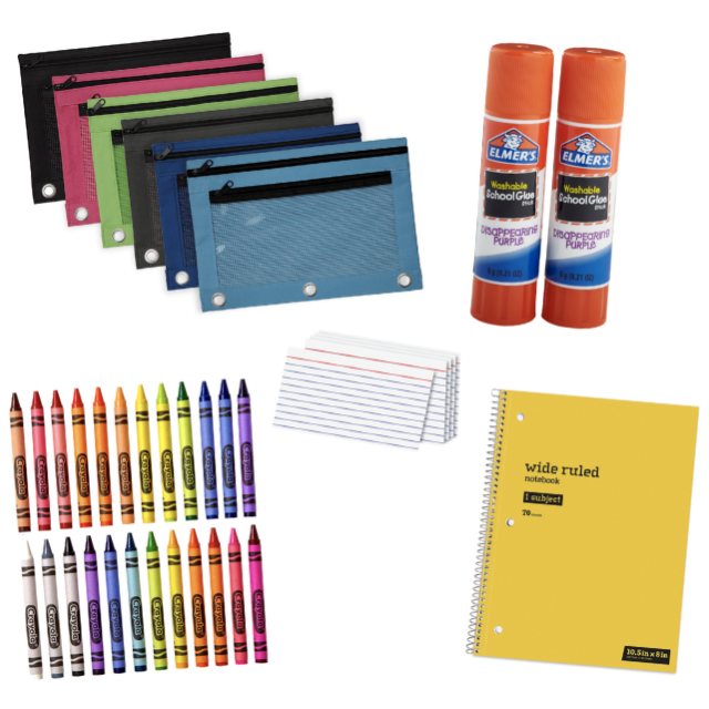 The image shows a set of colorful zippered pencil pouches, two glue sticks, a pack of crayons, index cards, and a wide-ruled notebook.