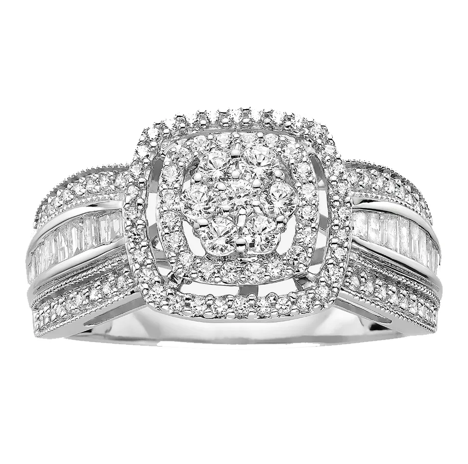 A silver-toned diamond cluster ring featuring a central cluster of round diamonds surrounded by a square halo. The band is adorned with baguette and round diamonds, creating a layered, sparkling design.