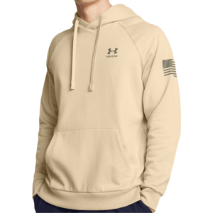 Beige hoodie with a front pocket, featuring the Under Armour logo and the word \“Freedom\“ on the chest, and a stylized American flag on the sleeve.