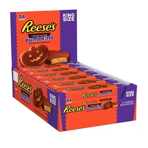 Reese's Peanut Butter Pumpkins King Size, 24 count, featuring milk chocolate and peanut butter, packaged in a Halloween-themed box.