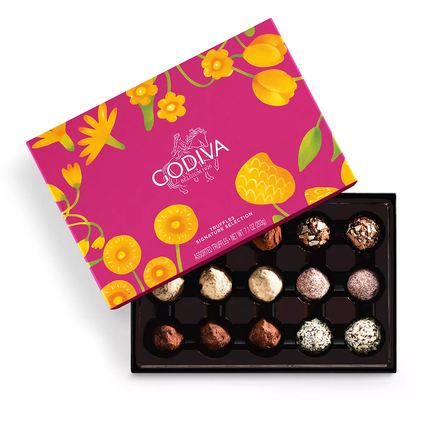 Godiva Truffles Signature Selection, 7.7 oz box, features an assortment of gourmet truffles in a colorful floral packaging.