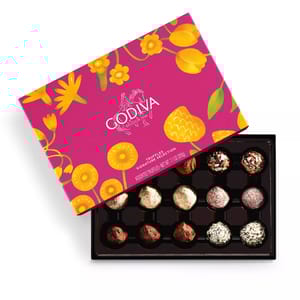 Godiva Truffles Signature Selection, 7.7 oz box, features an assortment of gourmet truffles in a colorful floral packaging.
