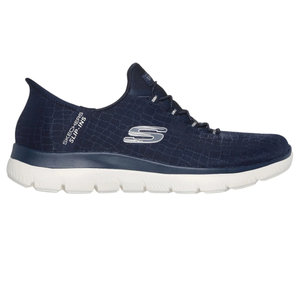Skechers Summits Slip-On Shoes feature a navy mesh upper with an \“S\“ logo, slip-in design, and white cushioned sole for comfort and flexibility.