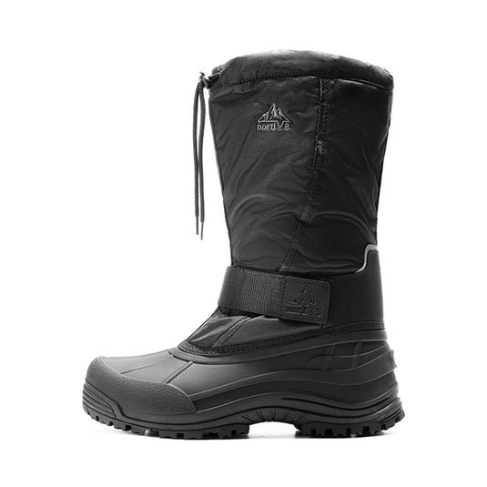 A black insulated winter boot with a rugged tread, featuring a drawstring top and a Velcro strap across the ankle for secure fit.