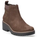 Brown suede ankle boot with a chunky black platform heel and elastic side panel for easy wear.