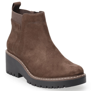 Brown suede ankle boot with a chunky black platform heel and elastic side panel for easy wear.