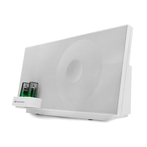 Knox Gear Bluetooth Speaker System features a sleek white design with a perforated front panel. It includes two visible green vacuum tubes on the side, providing a modern aesthetic.