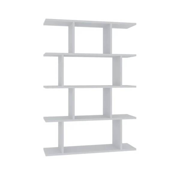 A white, modern bookcase with an open-back design featuring five staggered shelves, creating a geometric pattern.