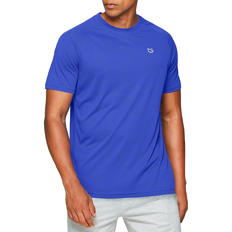 A royal blue, short-sleeve, moisture-wicking T-shirt with a small logo on the chest and raglan sleeves, paired with light gray shorts.