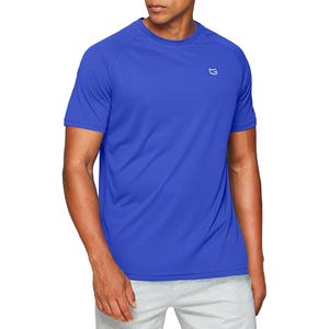 A royal blue, short-sleeve, moisture-wicking T-shirt with a small logo on the chest and raglan sleeves, paired with light gray shorts.