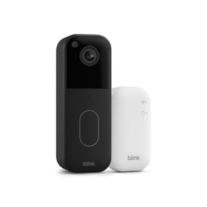 Blink video doorbell and syncing module, displayed in black and white.