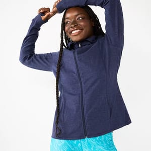 A navy blue hooded jacket with a full-zip front, long sleeves, and two pockets, worn by a smiling woman with braided hair.