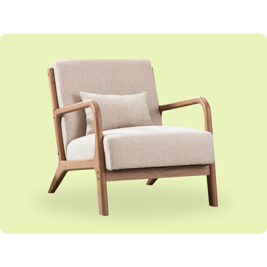 A beige cushioned armchair with wooden frame and arms, featuring a matching lumbar pillow, set against a light green background.