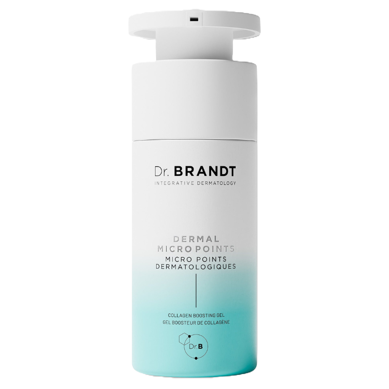 Dr. Brandt Dermal Micro Points Collagen Boosting Gel, designed for integrative dermatology, in a white and blue gradient bottle.