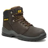 A dark brown CAT safety boot with a high ankle design, featuring durable laces, metal eyelets, and a sturdy rubber sole.