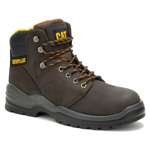 A dark brown CAT safety boot with a high ankle design, featuring durable laces, metal eyelets, and a sturdy rubber sole.