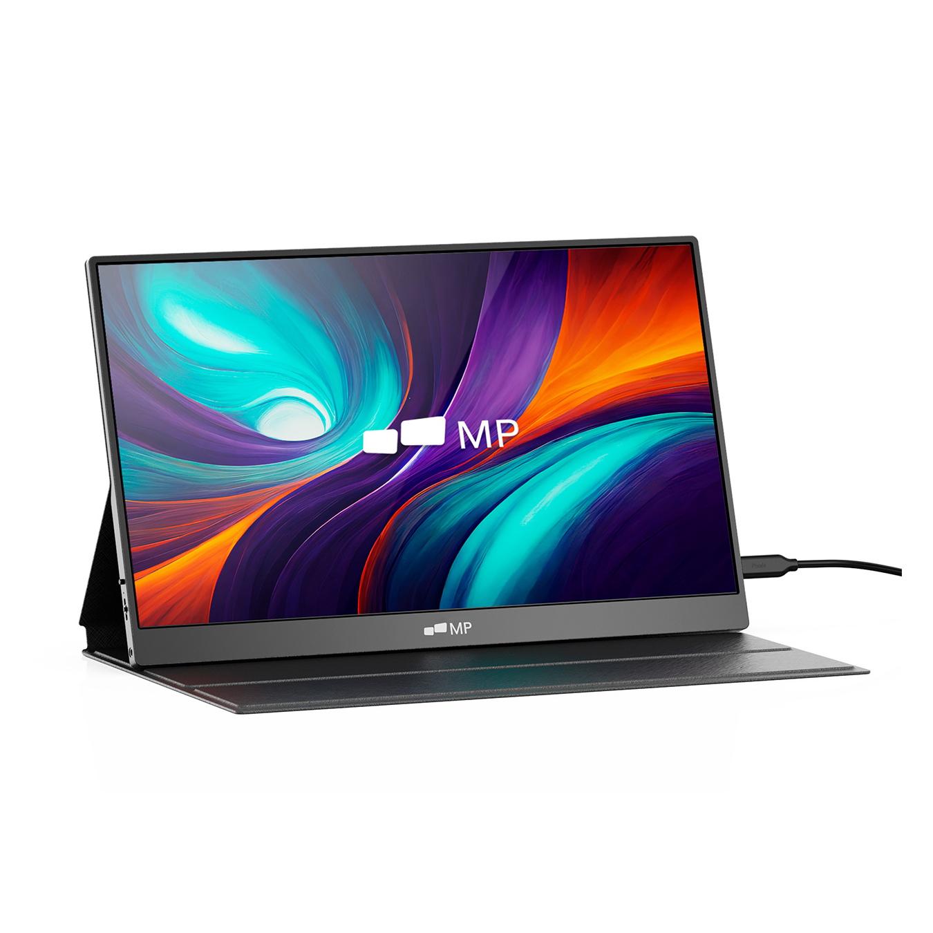 A portable monitor with a vibrant, abstract, and colorful display, featuring a sleek design with a thin bezel and connected via a USB-C cable.