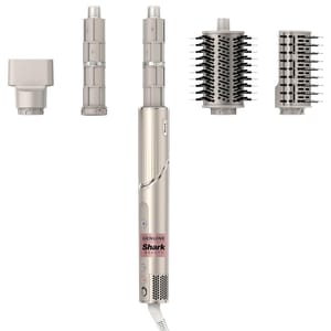 The Shark FlexStyle Hair System includes a central styling wand with attachments: two curling barrels, a paddle brush, a round brush, and a concentrator nozzle.