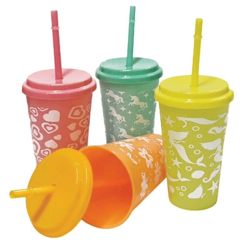 Colorful reusable cups with lids and straws in pink, green, yellow, and orange, featuring playful white patterns like hearts, animals, and ocean motifs.