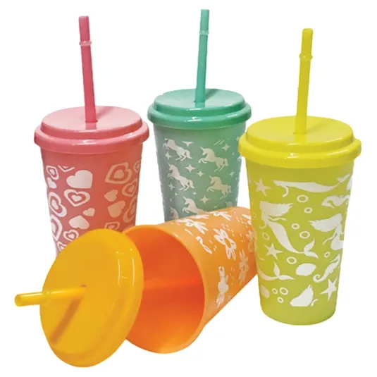 Colorful reusable cups with lids and straws in pink, green, yellow, and orange, featuring playful white patterns like hearts, animals, and ocean motifs.